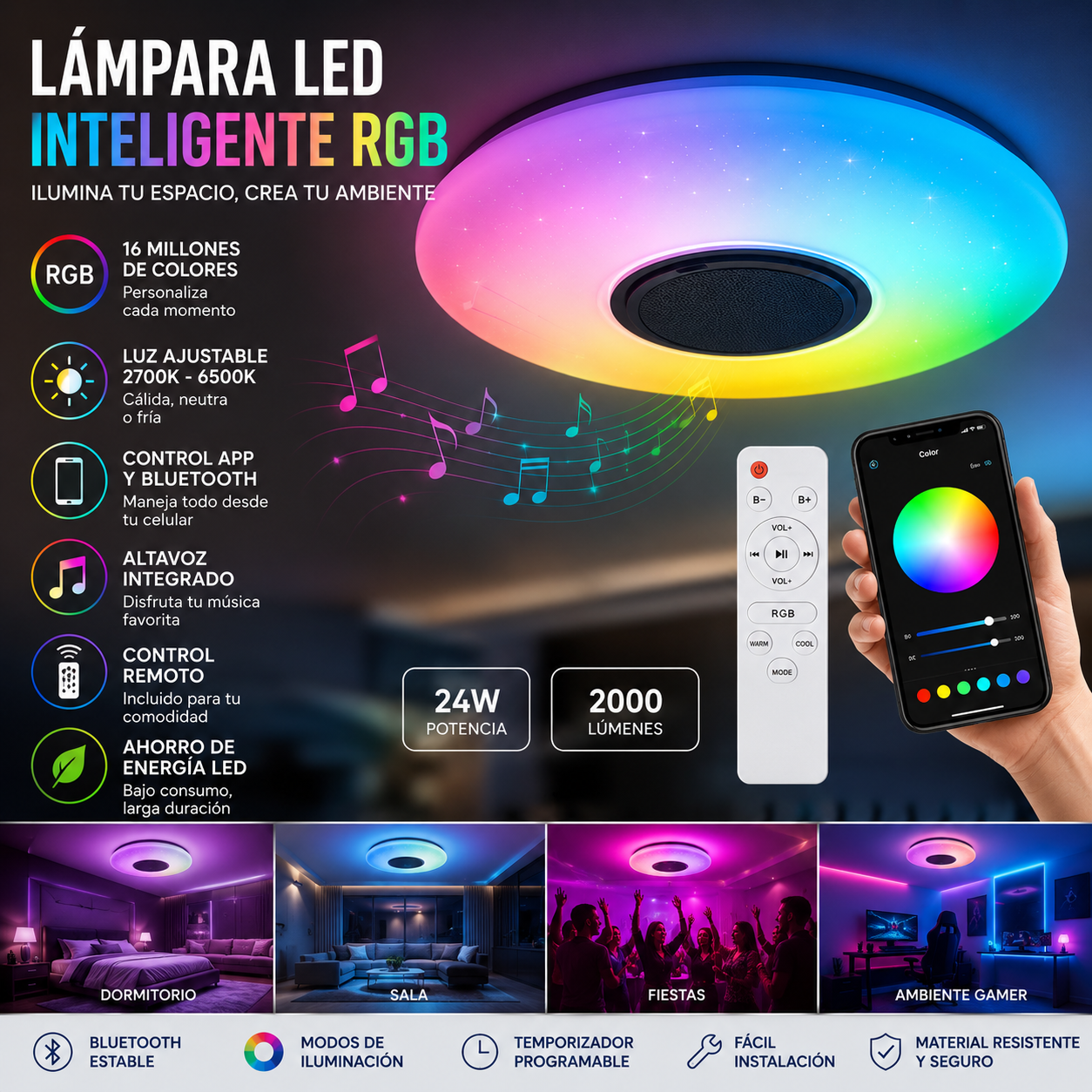 Lámpara LED Inteligente RGB – Techo, Bluetooth, 16 Millones de Colores